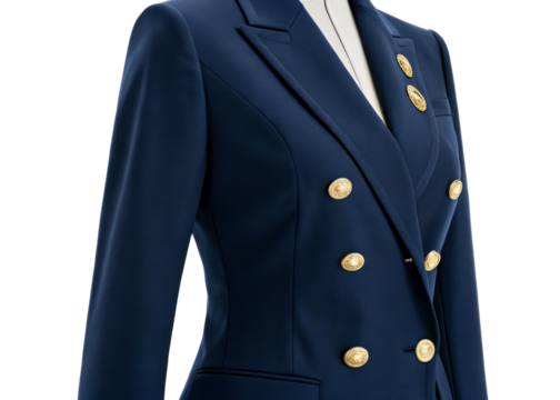 Dark blue double-breasted jacket with gold buttons on display