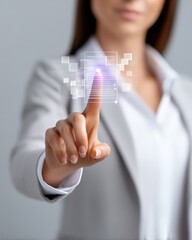 realistic businesswoman hand touching glowing document icon symbolizing digital transformation, abstract paper grid background with negative space, cinematic rim light with holographic glow, palette