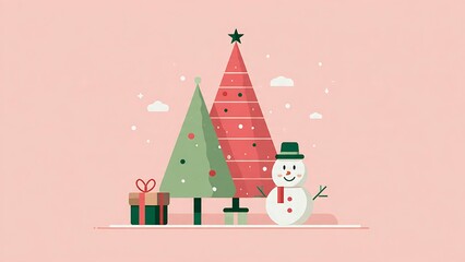Fototapeta premium Charming flat illustration of two stylized christmas trees a snowman and a gift box on a soft pink background with falling snow
