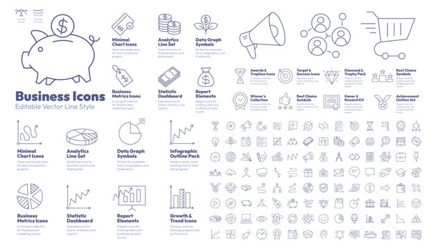 Business Icons Set Editable Line Style