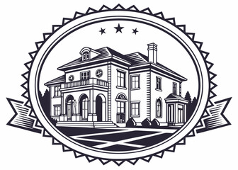 Fototapeta premium Illustration of a large house with columns and a balcony inside of an ornate circular emblem design created with generated ai