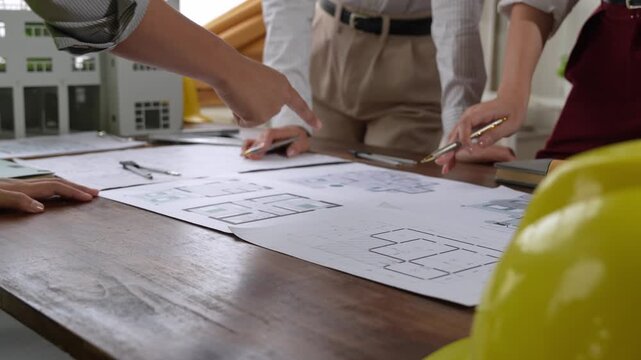 Engineering team discussing architectural blueprint at office meeting