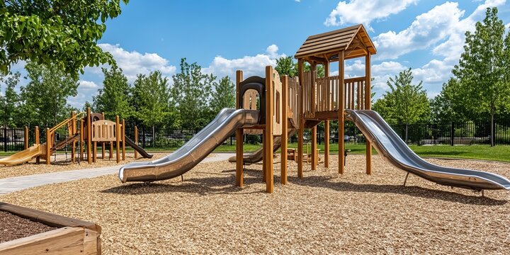 Wooden playground with slides and a playhouse under a clear sky