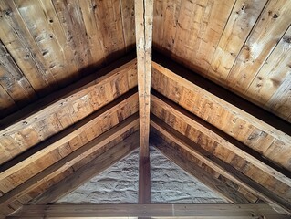 Wooden roof beams, light-brown, crisscrossing, interior view