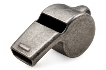 Whistle, a classic metal communication device, commonly used in sports, by referees and coaches, for giving signals