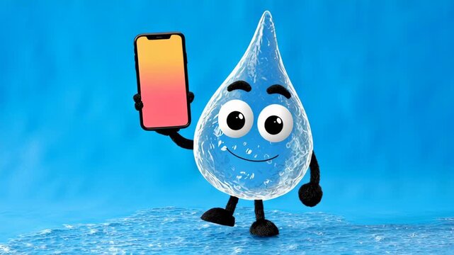 Animated water droplet character joyfully showcasing smartphone against vibrant blue backdrop, engaging viewers with playful expression, camera follows action as character moves and poses dynamically