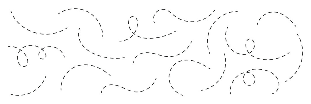 Hand drawn dotted line vector set . Hand sketched curly border. Minimalist looping squiggle line collection. Decorative swirl and border element. Dotted spiral curvy line . eps 10 
