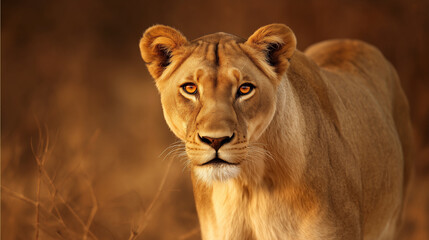 ferocity. Lioness with a focused gaze and detailed fur, bathed in golden savanna light with a natural habitat backdrop. wildlife magazines.