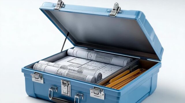 Open blue toolbox with blueprints and tools