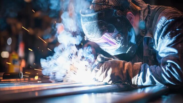 Worker welds metal piping using a tig welder in a workshop during evening hours creating bright sparks and smoke