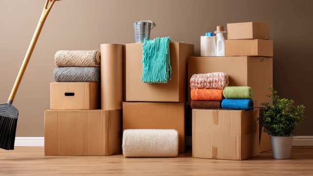 Preparing for a move with cardboard boxes and cleaning supplies arranged neatly in a cozy room space