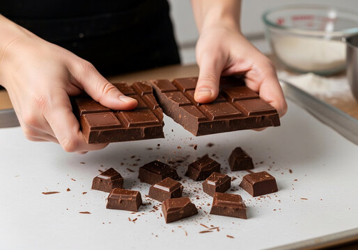 Essential food hacks for baking a quick recipe. Close-up of hands breaking a chocolate bar for a decadent homemade dessert