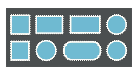 Collection of Blue Stamp Shapes with Decorative Edges on Dark Background