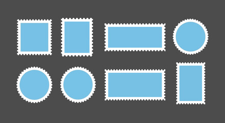 Collection of blue stamps in various shapes on a gray background for design or decoration