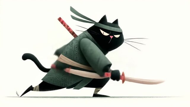 Ninja Cat Ready to Fight with Swords in a Dynamic Pose.