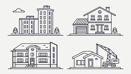 Naklejka premium Four distinct building outlines including houses and a construction crane in a simple black and white drawing created with generated ai