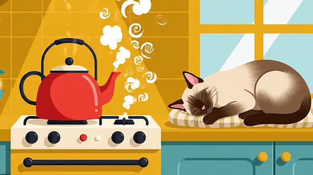 Cat napping steaming teapot on kitchen stove