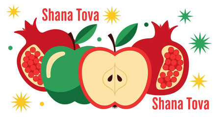 Festive Rosh Hashanah Illustration with Apples and Pomegranates