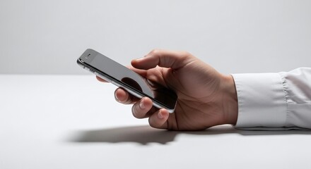 A hand holding a sleek smartphone with a reflective screen against a minimalist white background scene