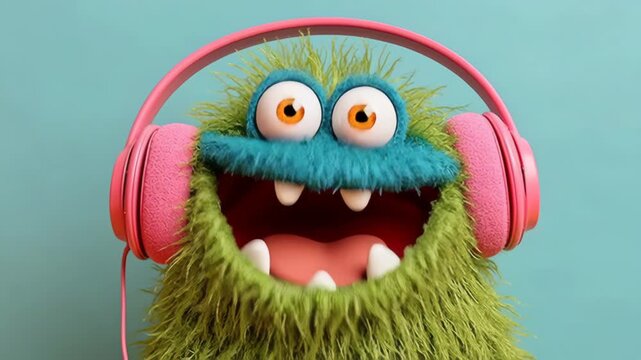 Colorful furry monster with headphones smiles joyfully, showcasing vibrant textures and playful expression, as the camera performs a gentle zoom in to capture the delightful character's charm and pers