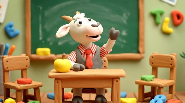 Claymation Goat Teacher at Desk in Classroom with Chalkboard Green Walls and Brown Furniture with Books and Stationary for Adobe Stock