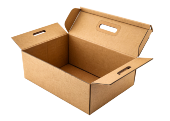 Open cardboard box with handles on white background