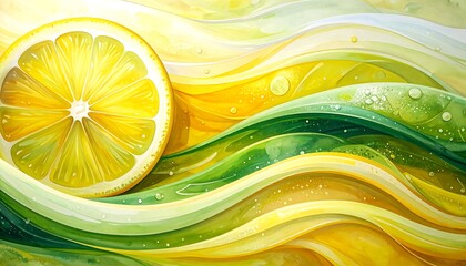 Vibrant Lemon Slice on Abstract Yellow and Green Waves.