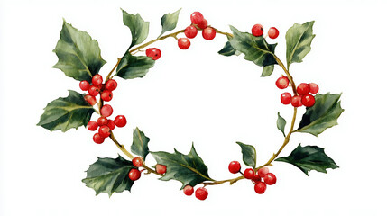 Holly berry oval frame watercolor illustration on white background, Christmas card template