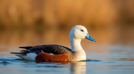 Rare White-headed Duck (Oxyura leucocephala) Swimming in Egyptian Wetland Lake - Wildlife Photography