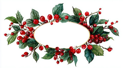 Holly berry oval frame watercolor illustration on white background