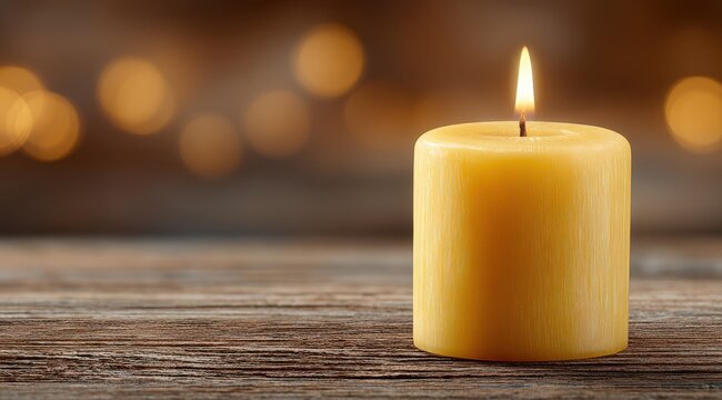 Yellow Candle Flame Burning on Wooden Table with Soft Bokeh Lights Background