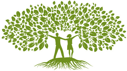 Green family tree concept with adult and child silhouettes, lush leaves, and roots, symbolizing growth, life, nature, and unity.