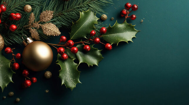 Fir garland with shiny Christmas ball and holly berries on dark emerald background