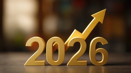 Golden 2026 growth arrow pointing upward symbolizing business success and positive financial projections