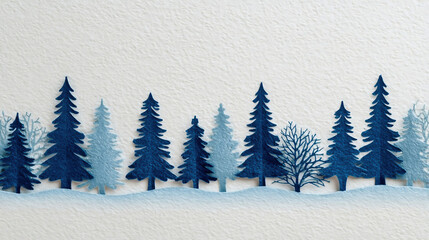 White and blue paper cut fir trees standing in row in winter forest