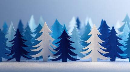 Obraz premium White and blue paper cut fir trees standing in row in winter forest