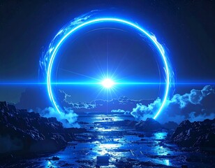 Glowing neon circle and bright light over a vast landscape