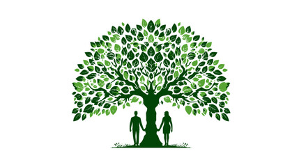 Obraz premium Green tree silhouette with a man and woman holding hands, representing life, nature, growth, family, and connection. Environmental concept.