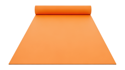 Bright orange yoga mat partially rolled out on a plain white background, emphasizing comfort, fitness, indoor exercise, and vibrant workout equipment
