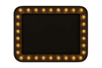 Marquee light frame displaying glowing bulbs and an empty black rectangle as a vintage signboard, isolated on transparent background