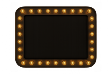 Marquee light frame displaying glowing bulbs and an empty black rectangle as a vintage signboard, isolated on transparent background