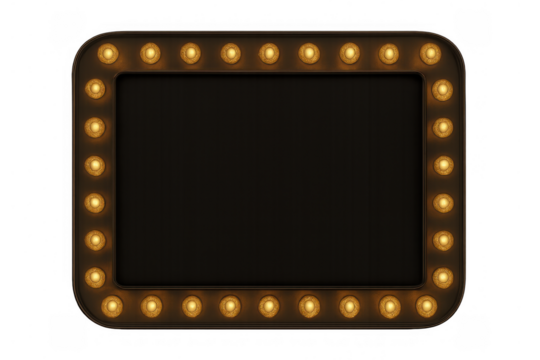 Marquee light frame displaying glowing bulbs and an empty black rectangle as a vintage signboard, isolated on transparent background - Powered by Adobe