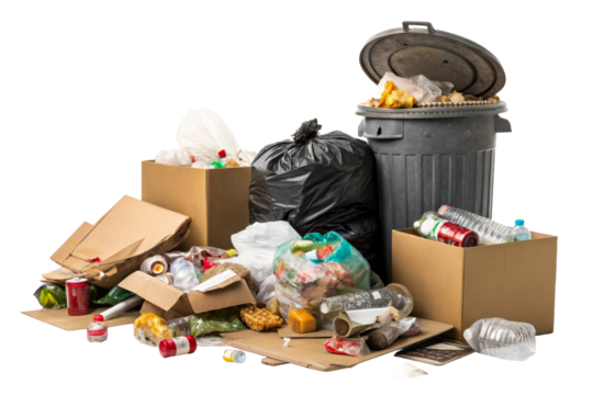 Overflowing trash bin and scattered refuse with cardboard boxes