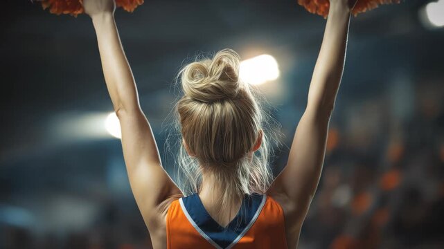 Energetic cheerleader performs vibrant dance with orange pom poms in lively sports arena during an exciting game