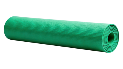 Green yoga mat rolled up on a white background, soft textured exercise mat for fitness, stretching, and relaxation activities, ideal for home or gym