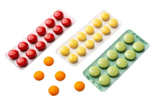 Three blister packs of colorful pills on white surface