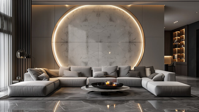 Futuristic circular wall-lit bedroom design with neutral tones and luxury details — 3D visualization