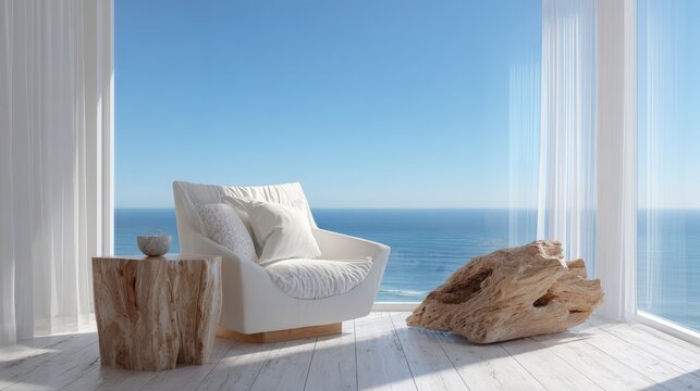 Fototapeta Modern living room with a large window that offers a beautiful view of the ocean. the room has white walls and flooring, and the window is covered with sheer white curtains.