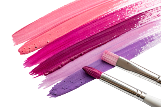 Paint brushes swatched with vibrant pink and purple cosmetic hues
