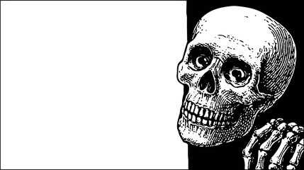 Vintage Engraved Human Skull and Skeleton Hand Peeking with Copy Space, Black and White Macabre Illustration